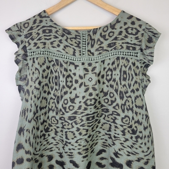 Lungo L'Arno Linen Animal Print Sleeveless Top Ruffle Green 1X NEW - Picture 2 of 9